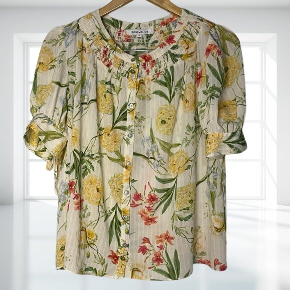 Rose + Olive Floral Blouse Top Cottagecore Yellow Red Green Tie Sleeves Size M - Picture 2 of 12